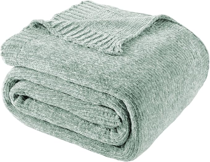 BATTILO HOME Sage Green Throw Blanket for Home Decor, Chenille Knit Throw Blanket for Couch, Sofa, Chair, Cozy Soft Blanket, 51"x67" | Shiny Chenille Blanket, Sage Knitted Blanket, Cozy Soft Spring Summer Blanket Throw, Warm & Midweight
