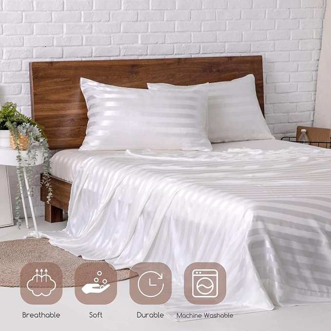 MR&HM Satin Sheets King Size with Elastic Corner Straps, Ivory Striped | Similar to Silk, 4-Piece Silky Soft Bed Sheet Set, Gentle on Skin and Hair, 15" Deep Pocket, Cooling & Breathable