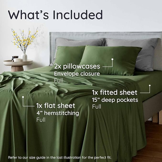 Bambaw Full Sheet Set 4pcs – 100% Viscose Derived from Bamboo Sheets Full Size Set, Cooling Bed Sheets for Hot Sleepers, with Elastic Corner Straps (Olive)