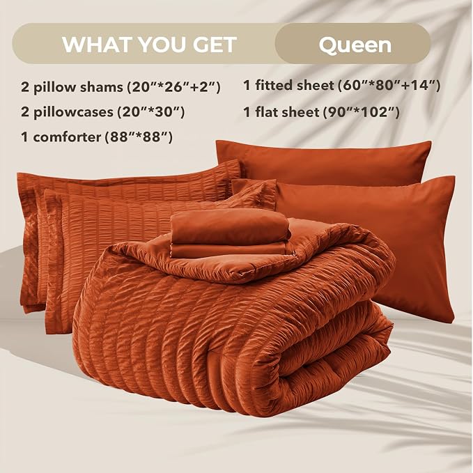 HYMOKEGE Burnt Orange Queen Comforter Set Seersucker 7 Pieces, All Season Luxury Bed in a Bag for Bedroom, Bedding Set with Comforters, Sheets, Pillowcases & Shams