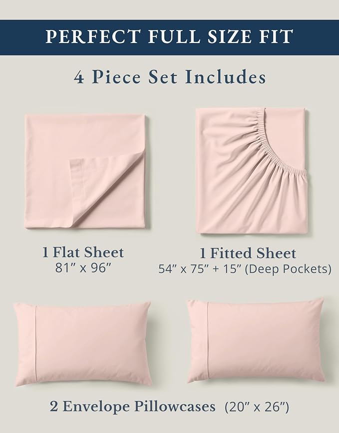 LANE LINEN Full Size Sheet Set 100% Organic Cotton Percale 4pc - Sepia Rose | Full Sheet Set, GOTS Certified Organic Cotton Percale - For Guest Bedrooms, Naturally Cooling & Lightweight, For Hot Sleepers