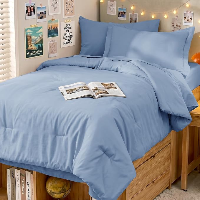 5 Pieces Twin XL Comforter Set, Soft Bed in a Bag Twin XL Size, All Season Bedding Set with Comforter, Flat Sheet, Fitted Sheet, Pillowcases & Shams, Greyish Blue