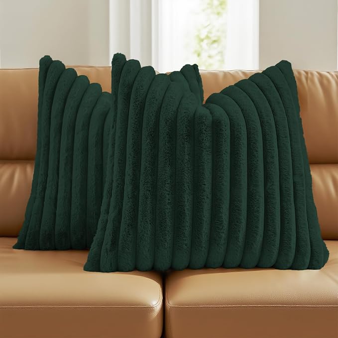 FUTEI Pack of 2 Faux Fur Throw Pillow Covers 20x20 Inch, Dark Green | Fluffy Faux Rabbit Fur Front/Premium Velvet Back,Hidden Zipper,Machine Washable,Non-Shedding,Colorfast,Insert Not Included.
