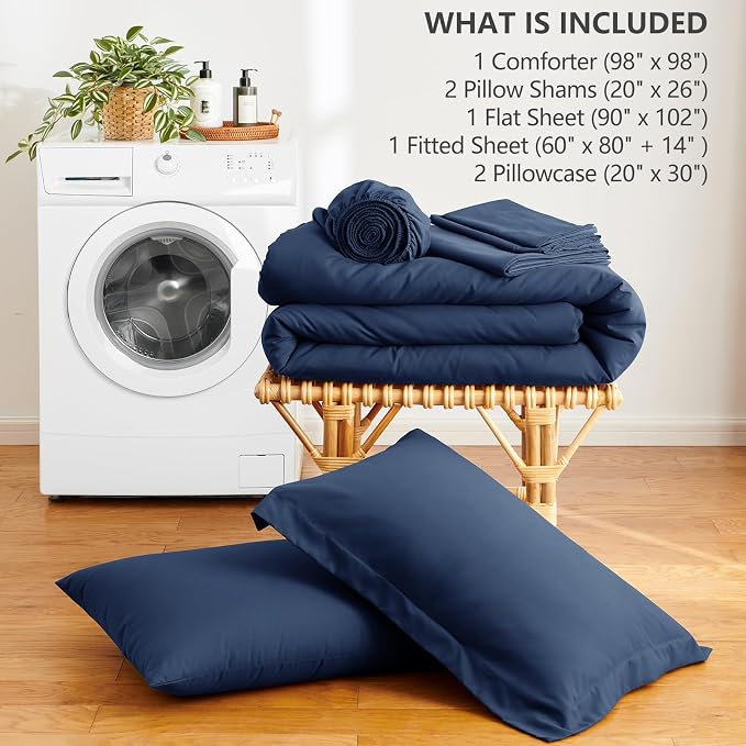 HIMEET Oversized Queen Comforter Sets, 7-Piece Point-Quilted, Navy Blue | OEKO-TEX Certified, Lightweight 240 GSM Comforter, Flat Sheet, 14-Inch Deep-Pocket Fitted Sheet, Pillowcases & Shams