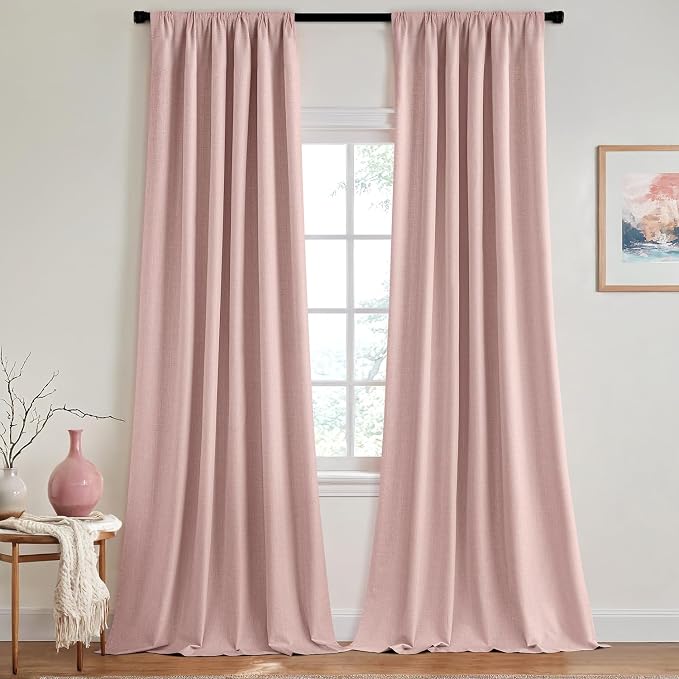 MIULEE 100% Blackout Back Tab Pleat Linen Curtains 50" Wx72 L,Light Pink | 2 Panels,Thick Faux Linen,Floor to Ceiling,with Hooks,for Bedroom Living Room,Black Out,Room Darkening