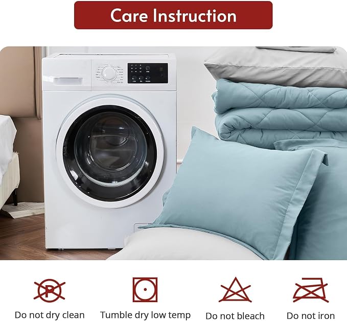 7 Pieces King Comforter Set, Reversible Bed in a Bag King Size, All Season Bedding Set with Comforter, Flat Sheet, Fitted Sheet, Pillowcases & Shams, Greyish Blue & Light Grey