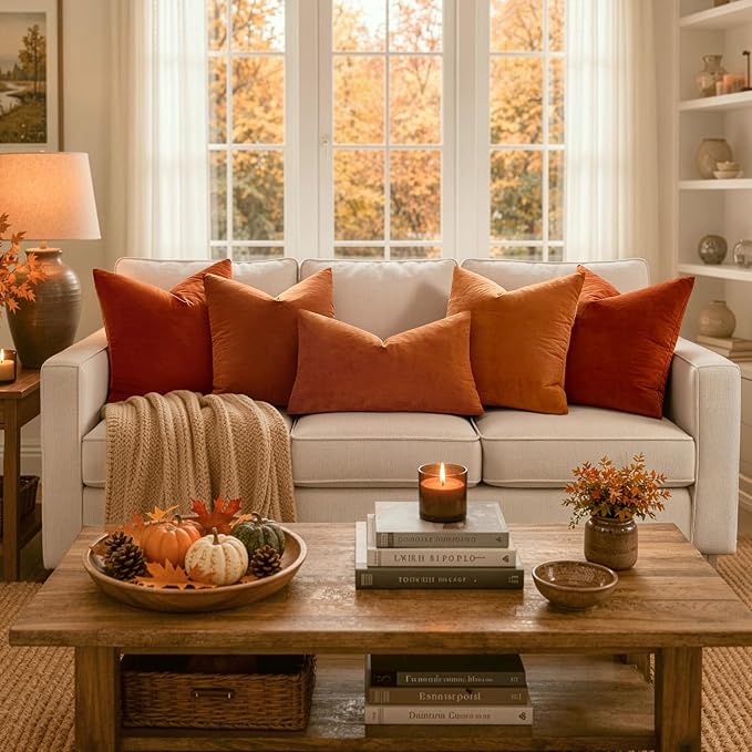MIULEE 24x24 Inch Pack of 2 Euro Fall Velvet Throw Pillow Covers Orange | Soft Solid Decorative Euro Sham, Modern Luxury Home Decor, for King Bed Sofa Couch Bedroom Livingroom
