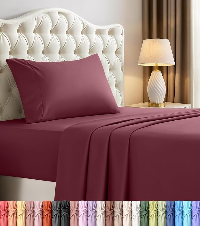 Twin Sheets Set, 3 Pieces 16" Deep Pocket Hotel Luxury Bed Sheets, Burgundy | Extra Soft Bedsheet Set, Comfy & Breathable Cooling Sheets, Wrinkle & Fade Resistant, Fitted Sheet, Flat Sheet, 1 Pillowcase