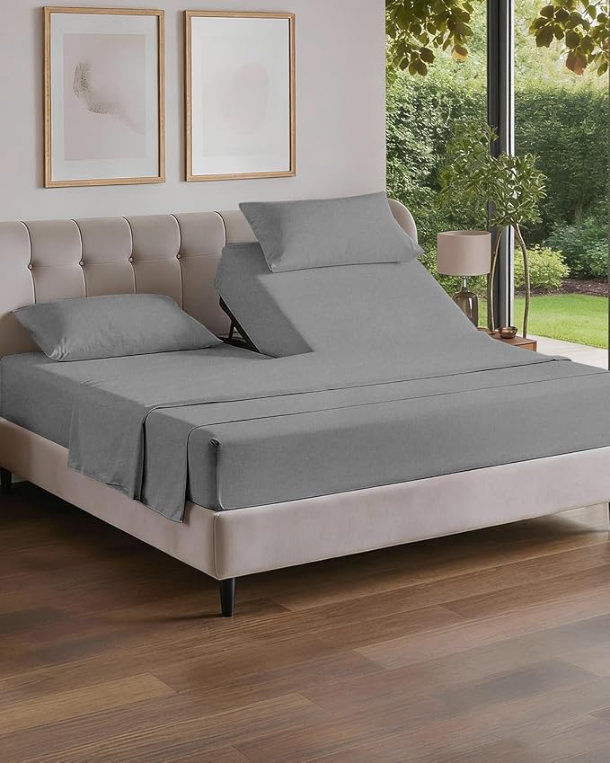 Flex Top Split Head King 4 Piece Sheet Set - Ultra-Soft - Heathered Grey | Cooling Bed Sheets Set, Hotel Luxury Bedding for Women & Men with Deep Pockets, Wrinkle Free & Fade Resistant, Oeko-Tex