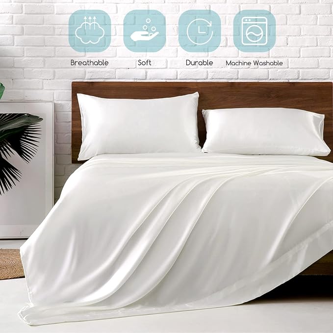 MR&HM Satin Sheets Twin Size with Elastic Corner Straps, Ivory | Similar to Silk, 3-Piece Silky Soft Bed Sheet Set, Gentle on Skin and Hair, 15" Deep Pocket, Cooling & Breathable