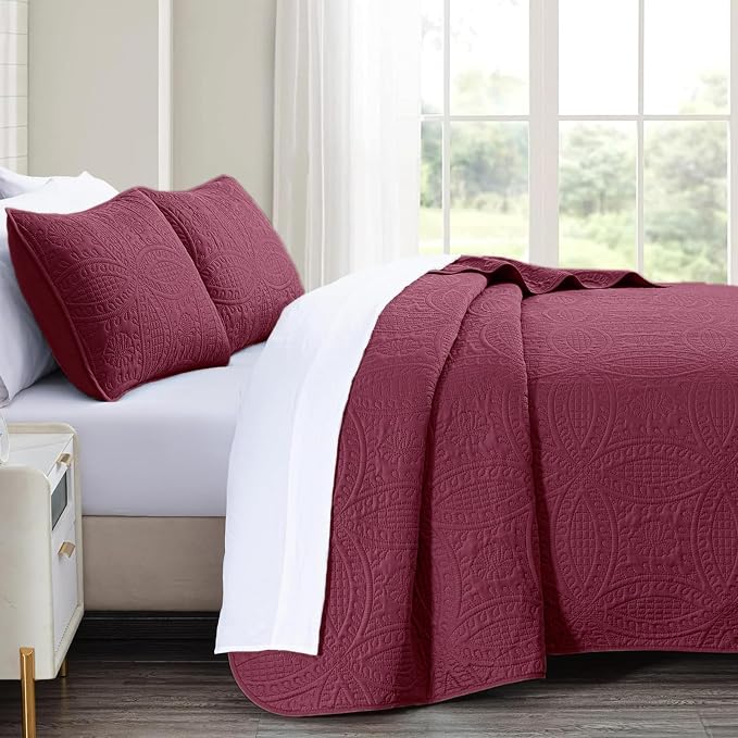 akkialla Burgundy Twin Quilt Set, Ultrasonic Lightweight Bedspread Coverlet for Modern Minimalist Bedroom, Soft Microfiber Coin Pattern Bedding, 2-Piece (1 Quilt, 1 Pillow Sham) | Breathable fabric