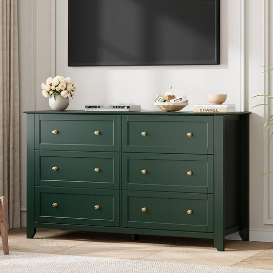 Garvee 6 Drawer Dresser for Bedroom, 54" Wide Modern Large Chest of Drawers with Metal Knobs, Wooden Clothes Storage Organizer for Closet, Nursery, Living Room, Apartment, Green | Lacquered Finish, Metal Knobs, Clothes Storage Organizer for Closet, Nur...