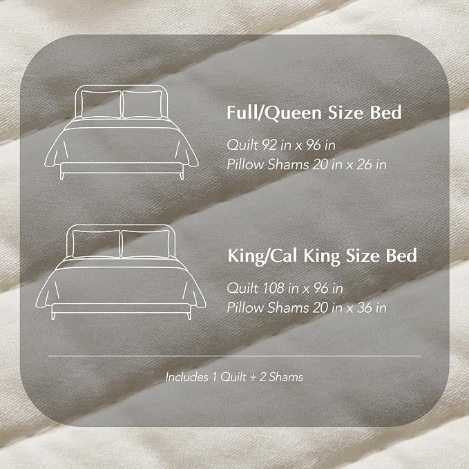 EVERGRACEHOME Cotton Sateen Quilt Set, King Size, Cream | 100% Cotton, Channel Stitch Coverlet Bedspread, Pre-Washed Lightweight Soft Bedding Set for All Season, 3 Piece, with 2 Shams
