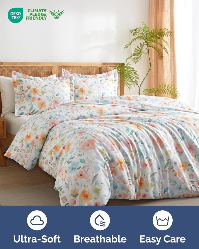 Duvet Cover Queen Size - Floral Duvet Cover - 3 Piece - Blush Rose | Soft Floral Duvet Cover 90 x 90 with 2 Pillow Shams, Zipper Closures & Ties, Floral Bedding for Women, Men, Kids & Teens
