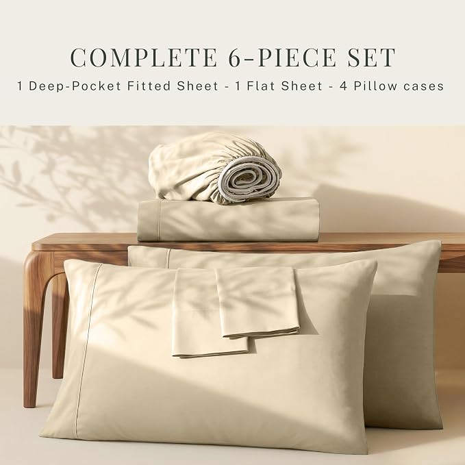 Hearth & Harbor Extra Deep Pocket Sheets - Fits Mattress 18-24 Inches Deep - Extra Deep Pocket Split King Size Sets - 7 Piece Split King Size - Cream