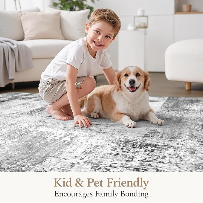 Rugflix 8x10 Area Rugs for Living Room, Washable Grey Large Rug | Machine Washable; Stain-Resistant; Low Pile; Non-Slip; Modern Abstract; Black Carpet for Bedroom Dining Office Nursery Home