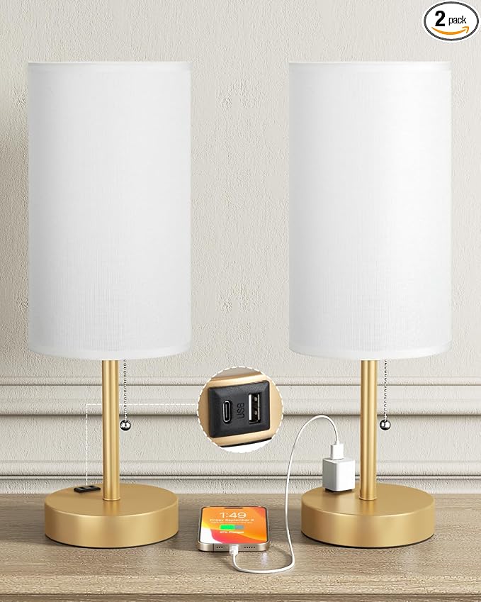 17.4" Gold Bedside Table Lamps Set of 2 - Bedroom Lamp, USB C+A, AC Outlet | 3CCT(3000/4000/5000K), LED Bulbs Included, White Fabric Lampshade, 17.4in Large Lamp for Nightstand, Living Room, Dorm, Desk