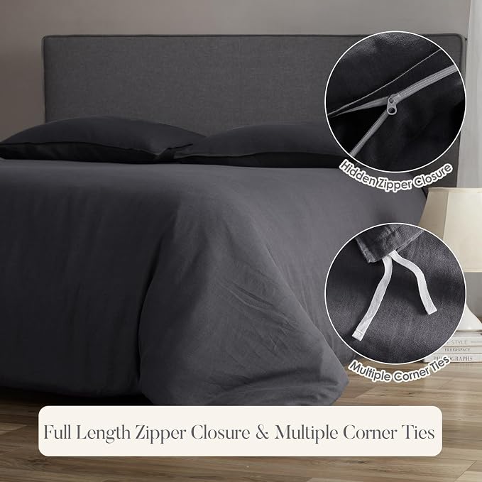 DAPU 100% French Linen Duvet Cover 3Pcs Set, 170GSM Linen Bedding, King | Soft Breathable All-Season for Hot sleepers, Corner Ties & Zipper Closure, French Linen Flax from Normandy, Dark Gray