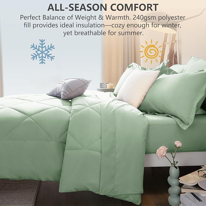 Queen Comforter Set with Sheets Sage Green - 7 Pieces Bed in a Bag | OEKO-TEX Certified, All Season, 240GSM Down-Alternative Comforter, Sheets, Pillowcases & Shams, 14" Deep Pocket, Easy Care