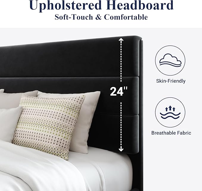 Allewie Queen Size Platform Bed Frame with Velvet Upholstered Headboard | Wooden Slats Support, Fully Upholstered Mattress Foundation, No Box Spring Needed, Easy Assembly, Noise-Free, Black