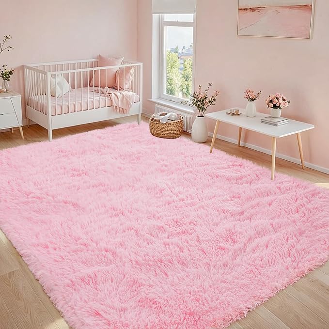 8x10 Fluffy Shag Area Rugs for Living Room Bedroom: Soft Carpet Light Pink | Upgraded Non-Slip Thick Memory Foam, Ultra Soft, Non-Shedding Fuzzy Carpet, Easy Clean Decor for Kids Room, Nursery, Playroom