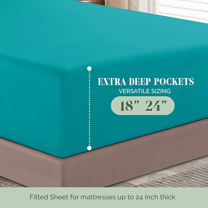 Elegant Comfort Luxurious 1500 Premium Hotel Quality Microfiber 4-Piece Sheet Set, 18-24 Inches Deep - Extra Deep Pocket Sheets - Ultra Soft 4PC Deep Pocket Sheets, Queen, Turquoise