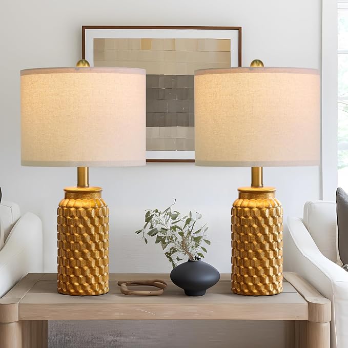 USumkky 20.5" Gold Modern Ceramic Bedside Lamp Set of 2 for Bedroom Decor Farmhouse Table Lamp for Living Room Office Dorm