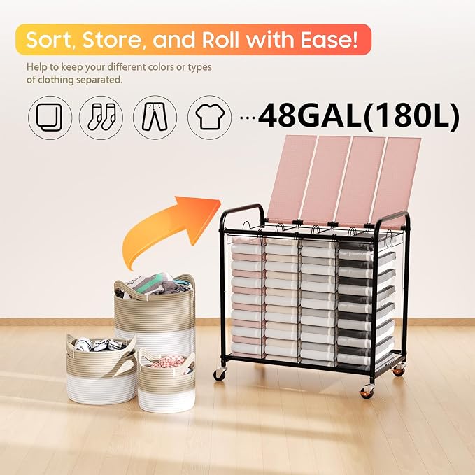 Laundry Sorter 4 Sections 48 Gal, Rolling Laundry Basket with Wheels ＆ Lid | Laundry Hamper, 4 Separated Removable Bags, Lockable Wheels, Dirty Clothes Hamper for Laundry Room Organizer, Pink