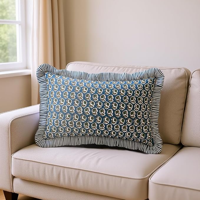 Ridhi Block Print Peacock Blue Ruffle Lumbar Pillow Shams, 20" x 12" Set-1 | 100% cotton, Floral Pillowcase, Cushion Cover, Hidden Zipper, Cottagecore Bedding, farmhouse boho style, fits couch, sofa,Bed