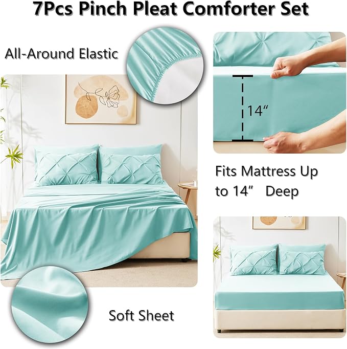 King Size Comforter Set Spa Blue, 7 Pieces Pintuck Bed in a Bag | OEKO-TEX 100 Certified, 240GSM All Season, Bedroom, Guest Room, Down-Alternative Comforter, Sheets, Pillowcases & Shams