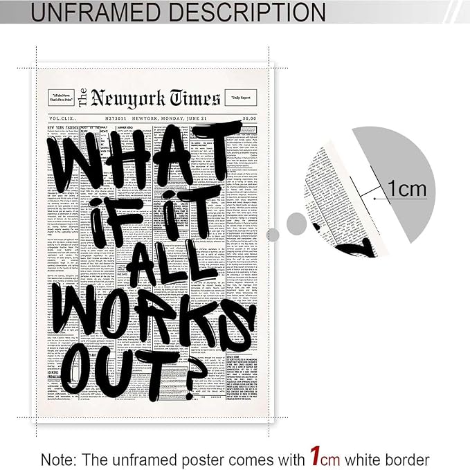 Drimiler Retro Black And White Newspaper Poster What If It All Works Out Canvas Wall Art Positive Affirming Quote Minimalist Prints Painting For Home Bedroom Dorm Wall Decor 12x18in Unframed