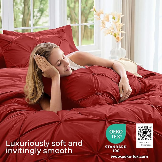 Sasttie Queen Comforter Set, 7-Piece Bed in a Bag, Pintuck Bedding Sets for All Season, Includes Comforter, Flat Sheet, Fitted Sheet, Pillowcases and Pillowshams, Red