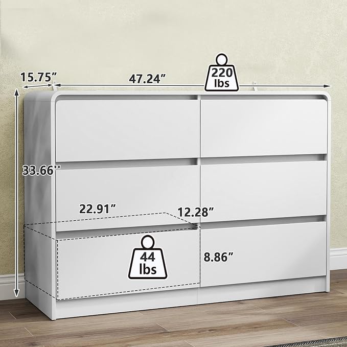 Vibe & Dine White 6 Drawer Dresser for Bedroom, Modern Wooden Dressers & Chests of Drawers with Arc Edge Design, 47" Wide Dresser for Closet, Living Room, Entryway