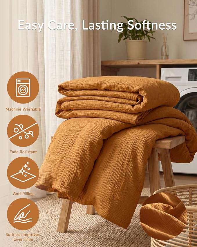 SE SOFTEXLY Muslin Duvet Cover Queen Size, 100% Washed Cotton Duvet Cover Set, Ultra Soft Comforter Cover Linen Like, 3 Pieces Minimalist Gauze Duvet Cover with 2 Pillowcases, 90"x90", Pumpkin