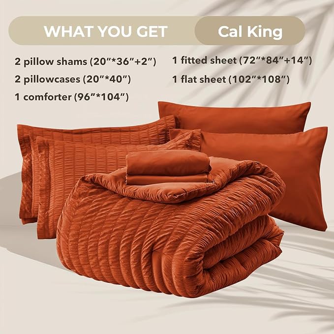 HYMOKEGE Burnt Orange California King Comforter Set Seersucker 7 Pieces, All Season Luxury Bed in a Bag for Bedroom, Bedding Set with Comforters, Sheets, Pillowcases & Shams