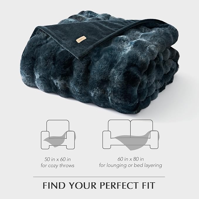 EverGrace Faux Rabbit Fur Bubble Throw Blanket, 60"x80", Marble Deep Indigo | Ultra Soft, Luxury Faux Rabbit Fur Throw, Thick Warm Bubble Blanket, Cozy Fluffy Reversible, for Bed, Couch, Chair, Sofa