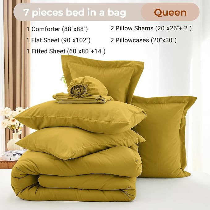 7 Pieces Queen Comforter Set, Soft Bed in a Bag Queen Size, All Season Bedding Set with Comforter, Flat Sheet, Fitted Sheet, Pillowcases & Shams, Mustard Yellow