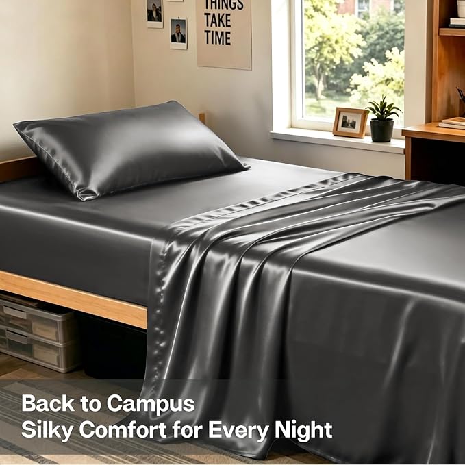 MR&HM Satin Sheets Twin XL Size with Elastic Corner Straps, Dark Grey | Similar to Silk, 3-Piece Silky Soft Bed Sheet Set, Gentle on Skin and Hair, 15" Deep Pocket, Cooling & Breathable