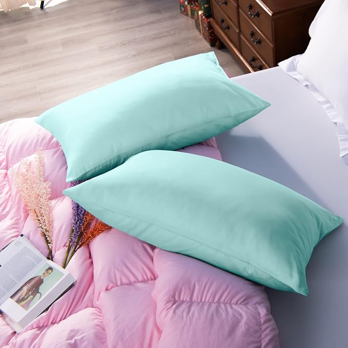 NTBAY Queen Egyptian Cotton Sateen Pillowcases, Set of 2, Aqua | 500 Thread Count Egyptian Cotton Sateen with Envelope Closure, 2 Pack 20 x 30 Inch Pillowcases, Insert Not Included