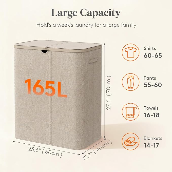 Lifewit 165L 3 Section Laundry Hamper with Lid, Laundry Basket, Beige | Large Foldable Laundry Sorter with 3 Removable Bags, Tall Clothes Hamper for Bedroom and Bathroom