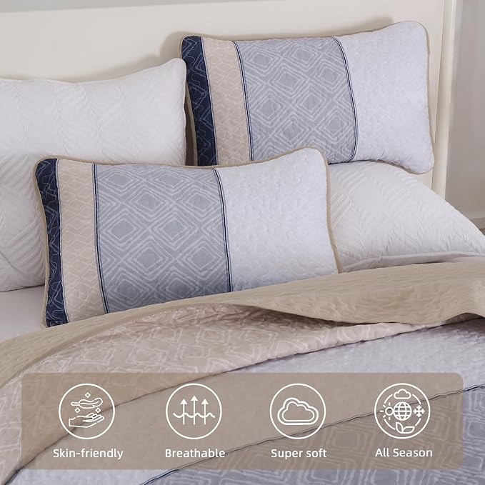 Cottolester Quilt Set Queen,3 Pcs Khaki Navy Blue Striped Plaid Bedspread | Ultra Soft Summer Lightweight Coverlets Set for Men Women,Microfiber Patchwork Quilt Bedding Sets for All Seasons 96"x90"