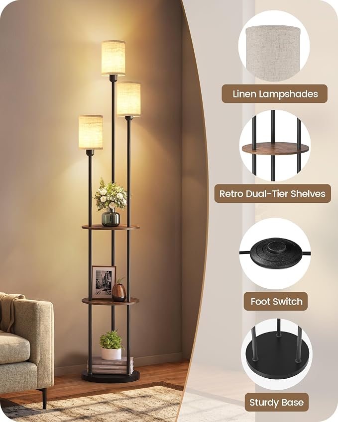 70.9" Floor Lamp with Shelves, Modern Floor Lamp with 3 Linen Shades and Foot Switch, 3-Light Standing Lamp, for Living Room, Bedroom, Study, Office, Rustic Brown and Beige EF53LD05