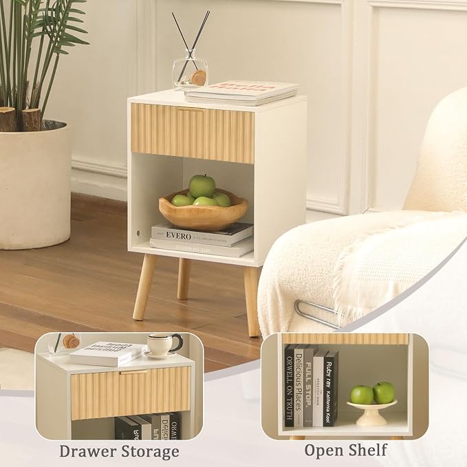Fultyle Night Stand with Charger Station, Modern Wood Nightstand with Drawer and Outlet, Fluted Bedside Table End Table with Solid Wood Legs for Bedroom, Living Room, Office (White Oak)