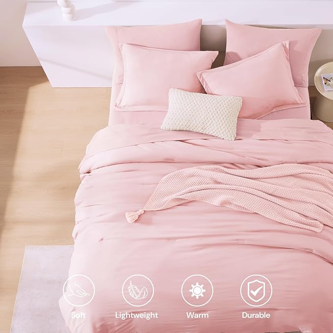 Queen Comforter Set-7 Pieces Soft Prewashed Bed in a Bag Queen Bedding Sets | All Season Comforter with Sheets, Pillow Shams & Pillowcases, Soft Pink