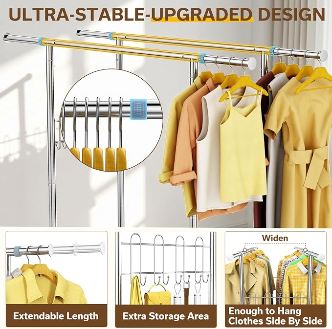 100% Stainless Steel Heavy Duty Clothes Rack Load 960LBS, Double Rod Clothing Rack for Hanging Clothes with Reinforced Rubber Rings, Extendable Rolling Garment Racks W/ Portable Wheel & Sturdy Shelves