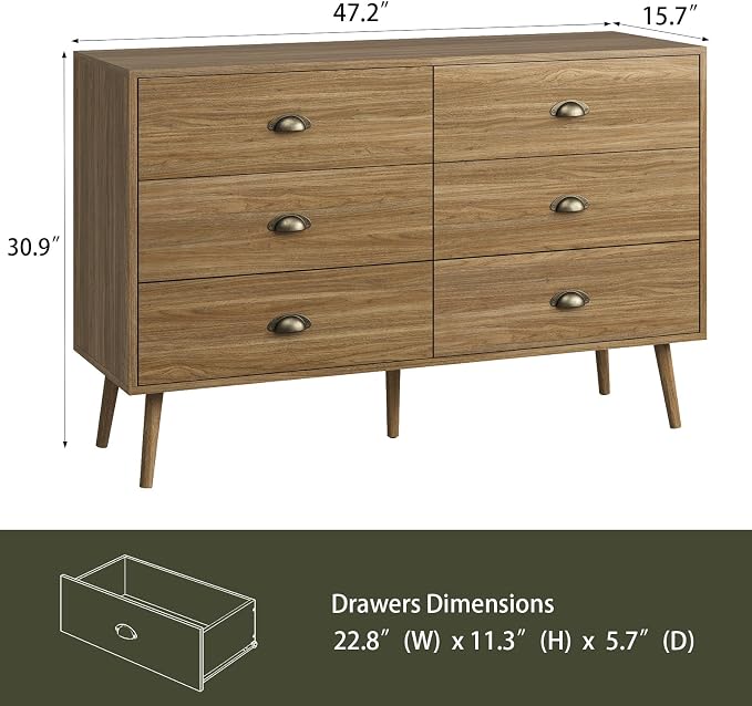 Oak 6 Drawer Dresser for Bedroom, 47" Wood Dresser with Gold Handles. | Modern Dressers & Chests of Drawers for Living Room, Hallway, Entryway.