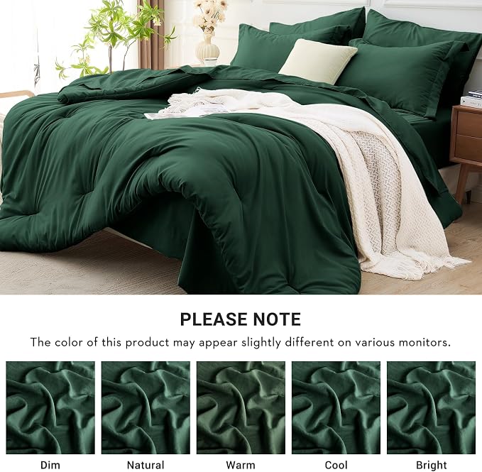 7 Pieces Oversized King Comforter Set, Soft Bed in a Bag Oversized King Size, All Season Bedding Set with Comforter, Flat Sheet, Fitted Sheet, Pillowcases & Shams, Dark Emerald Green