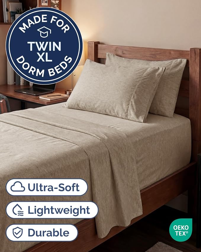 Extra Deep Twin XL Sheet Set - 4 Piece College Dorm Room - Heathered Beige | College Dorm Room Essentials, Easy & Secure Fit, Ultra-Soft, Wrinkle & Fade Free, Comfy Sheets Set with Extra Deep Pockets
