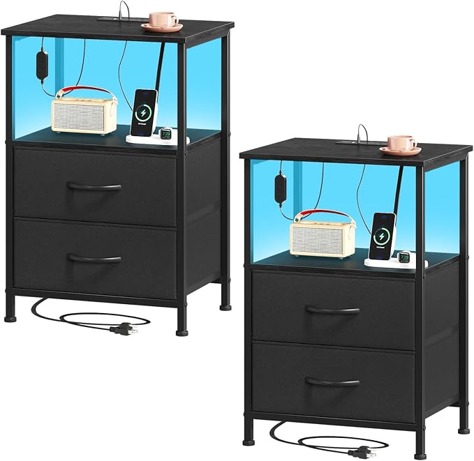 Somdot Nightstands Set of 2 with 2 Drawers, Charging Station & LED Light | Open-Shelf End Tables for Bedside, Dorm, Guest Room, Kids Room, Bedroom, Entryway and Hallway, Black