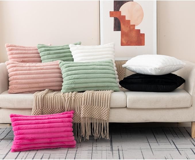 ZLINA Light Green Striped Faux Fur Throw Pillow Covers 26 x26 Inch | 2‑Pack, boho striped pillow covers,velvet back,fuzzy plush cushion covers , for sofa bed livingroom home decor